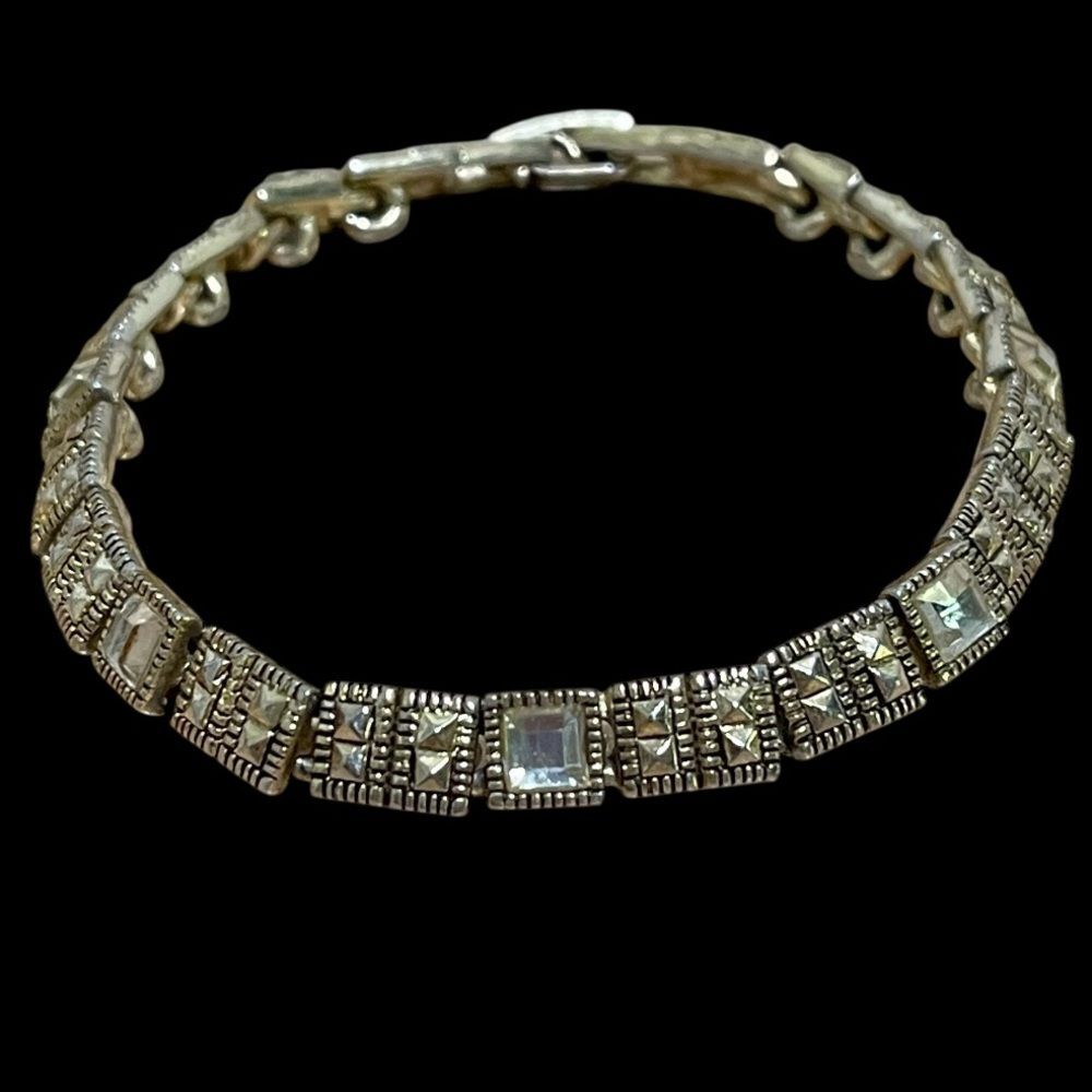 Vintage Inspired Gold Tone Art Deco Bracelet Square Faceted Clear Rhinestones 7"